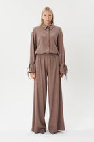 Nilgün Mirza-Kristal Taşlı Beli Lastikli Rahat Kalıp Pamuklu Kumaştan Pantolon-Pantolon-2-Milagron.com