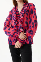 Nilgün Mirza-Leopar Desenli Fırfır Detaylı Öden Birit Düğmeli Rahat Kesim Şifon Gömlek-Gömlek-5-Milagron.com