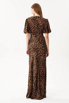 Nilgün Mirza-Leopar Desenli Pileli Kısa Kol Viskon Saten Uzun Elbise-Elbise-6-Milagron.com