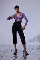 Nilgün Mirza-Pencere Detaylı Uzun Kollu Lurex'li Örme Kumaş Bodysuit-Bodysuit-3-Milagron.com