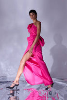 Nilgün Mirza-Rhea Bele Oturan Drape Detaylı Yırtmaçlı Büyük Fiyonklu Tafta Abiye Elbise-Elbise-3-Milagron.com