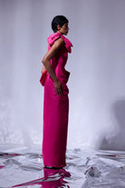 Nilgün Mirza-Rhea Bele Oturan Drape Detaylı Yırtmaçlı Büyük Fiyonklu Tafta Abiye Elbise-Elbise-4-Milagron.com