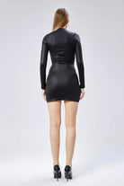 Nineteen Brand-Deri Görünümlü Büzgü Detaylı Uzun Kollu Mini Elbise-Elbise-6-Milagron.com