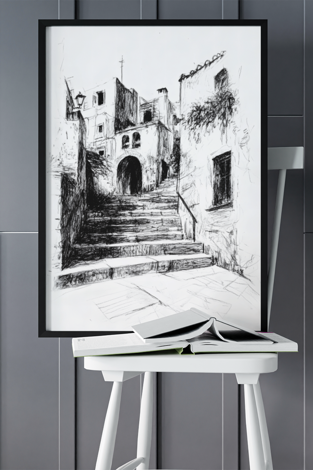 Nord Design-Kara Kalem Seri̇si̇ Çerçeveli̇ Tablo - Merdi̇venli̇ Yol-Tablo-1-Milagron.com