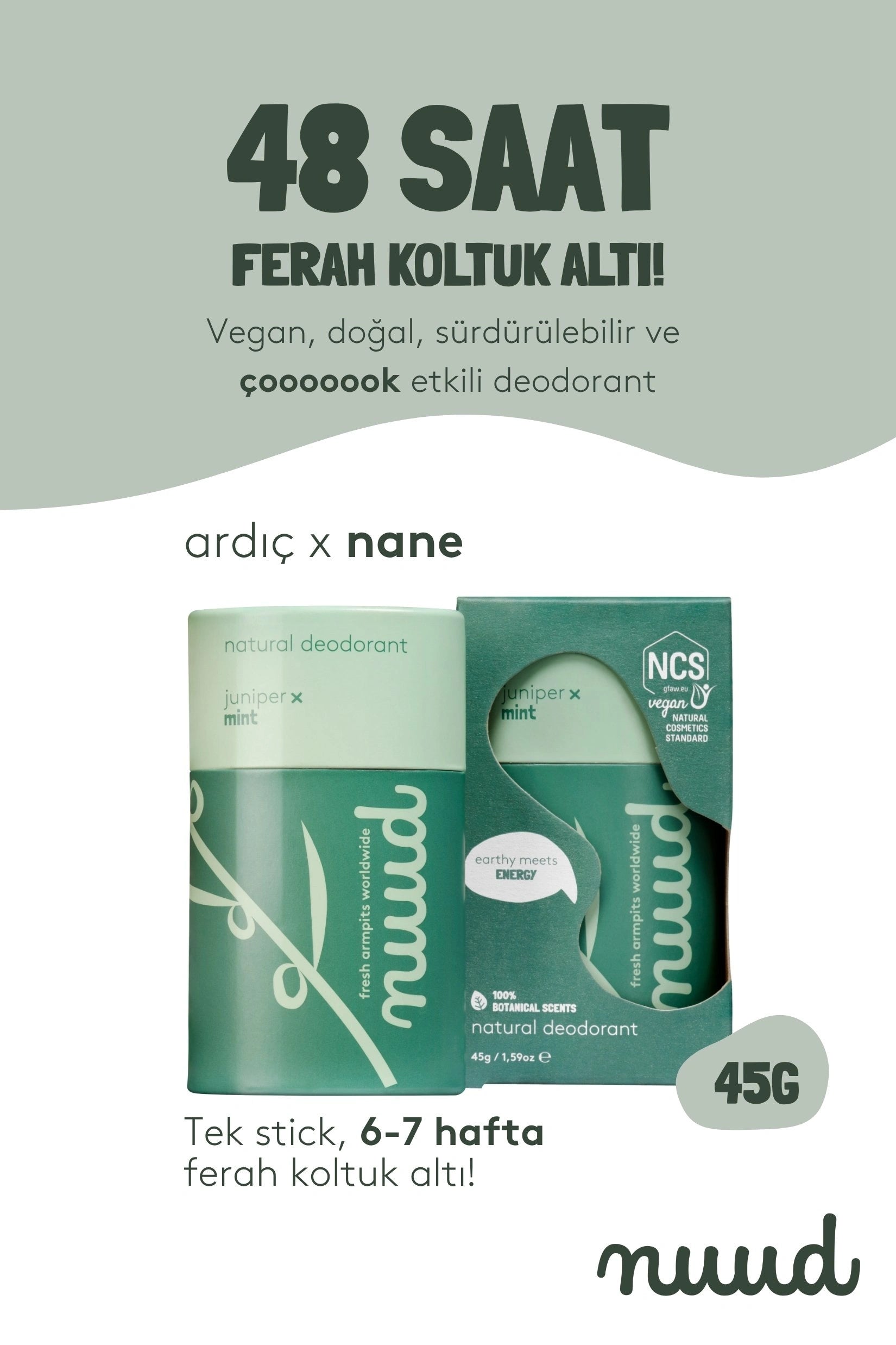 Nuud-Juniper x Mint Stick 45g 48 Saat Etkili, %100 Doğal & Vegan Parfümsüz Ardıç X Nane Kokulu Stick Deodorant-Deodorant-2-Milagron.com