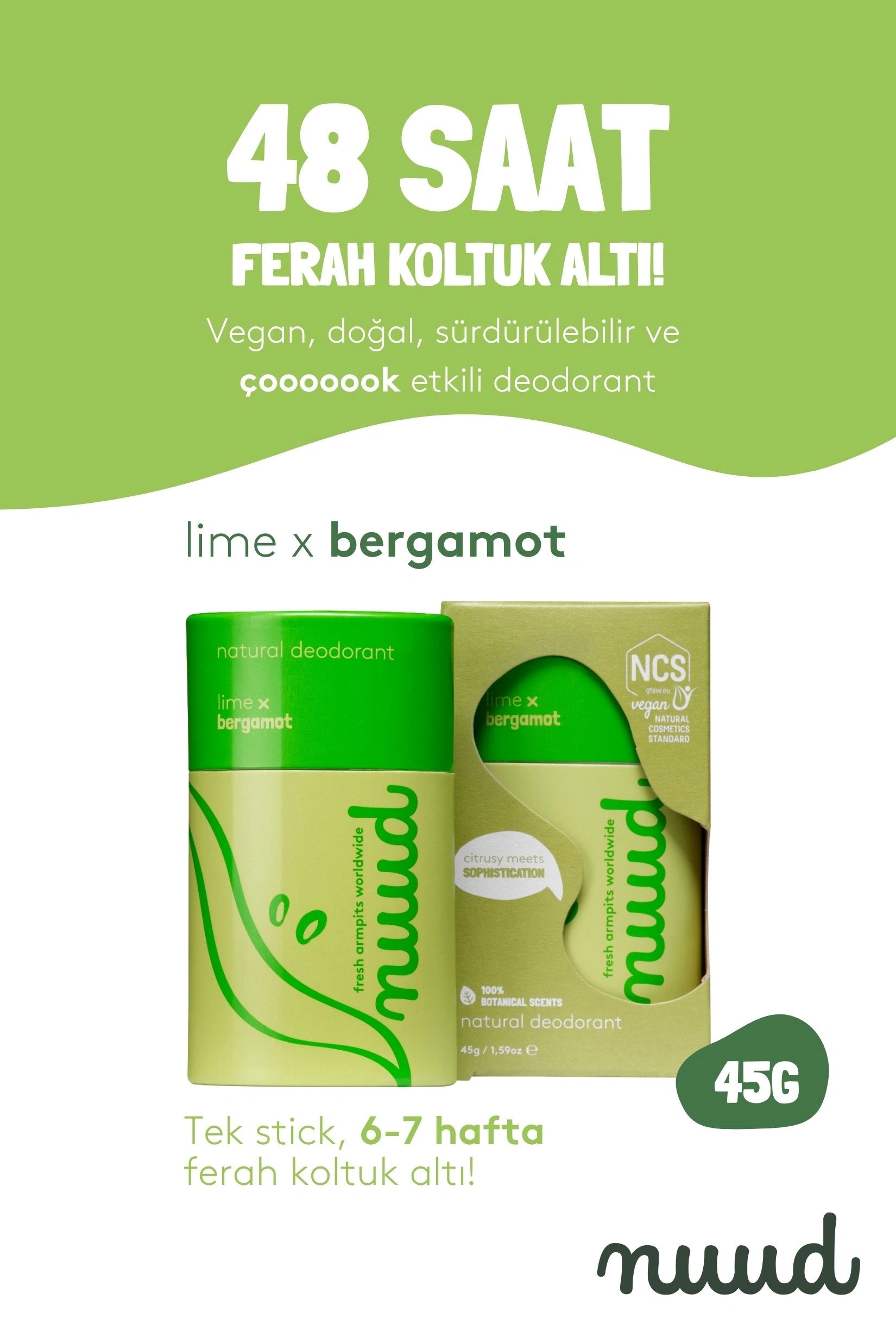 Nuud-Lime x Bergamot Stick 45g 48 Saat Etkili, %100 Doğal & Vegan Parfümsüz Lime x Bergamot Kokulu Stick Deodorant-Deodorant-2-Milagron.com
