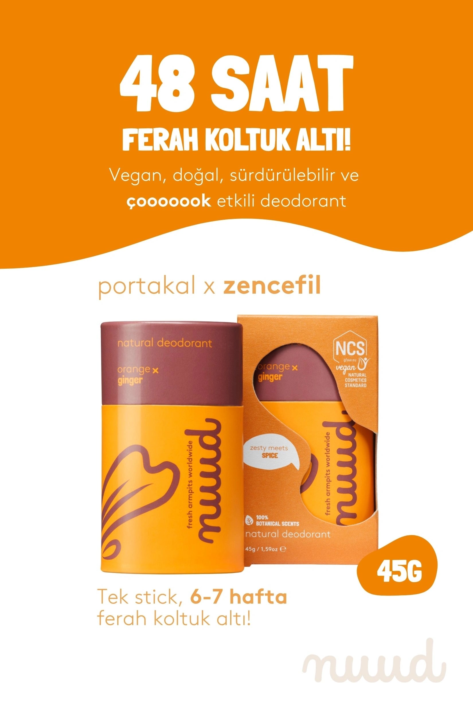 Nuud-Orange x Ginger Stick 45g 48 Saat Etkili, %100 Doğal & Vegan Parfümsüz Portakal x Zencefil Kokulu Stick Deodorant-Deodorant-2-Milagron.com
