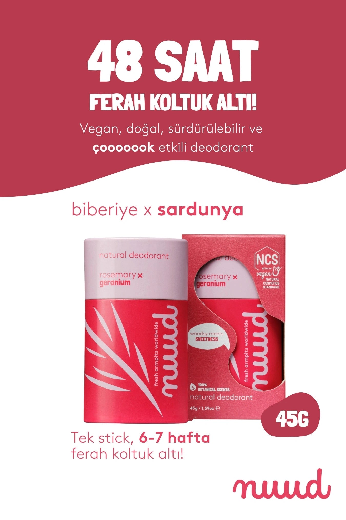 Nuud-Rosemary x Geranium Stick 45g 48 Saat Etkili, %100 Doğal & Vegan Parfümsüz Biberiye X Sardunya Kokulu Stick Deodorant-Deodorant-2-Milagron.com