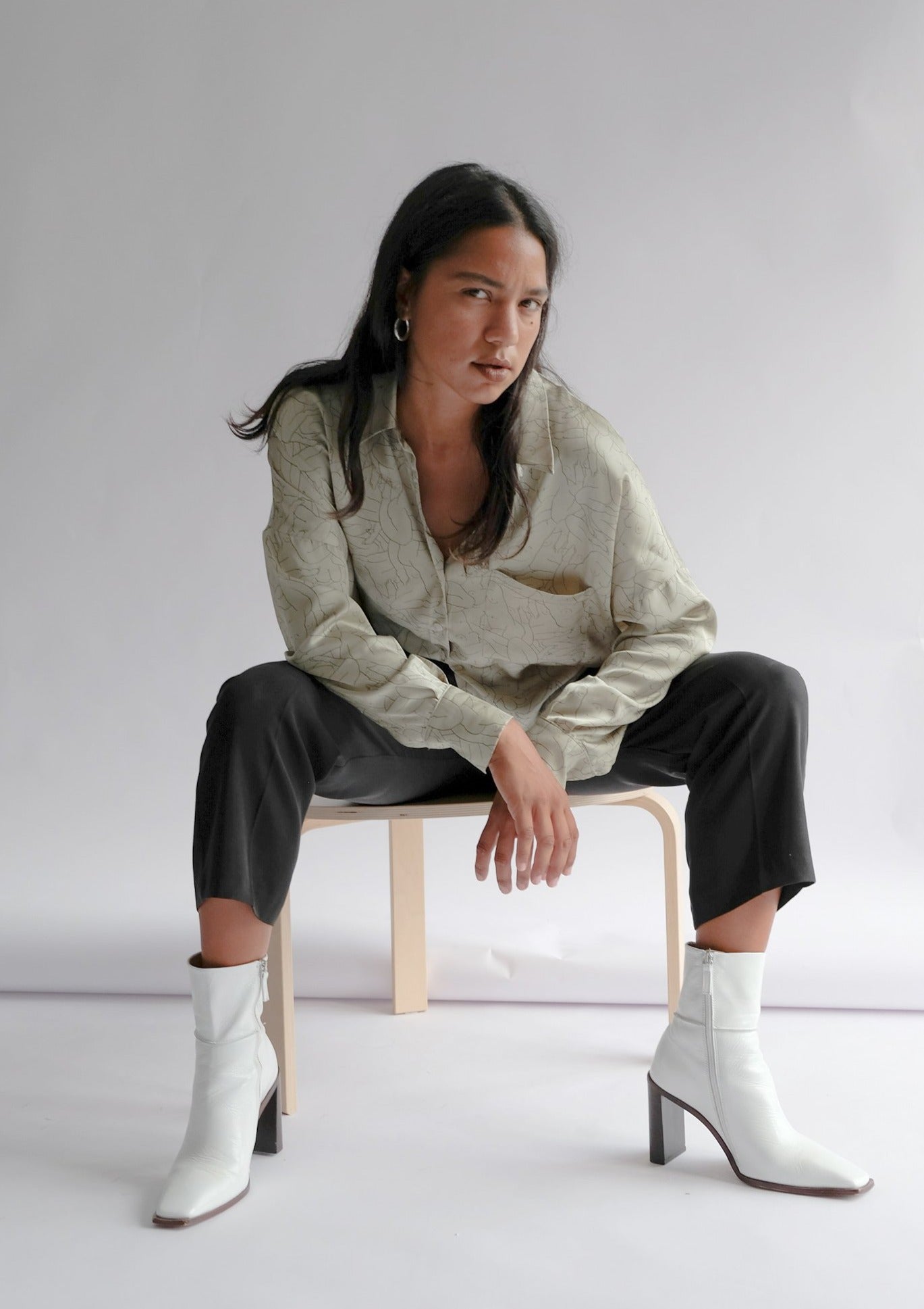 Oh Seven Days-Monday Marwa Sage: Illustrated Vegan Silk Boxy Blouse-Tops-10-Milagron.com