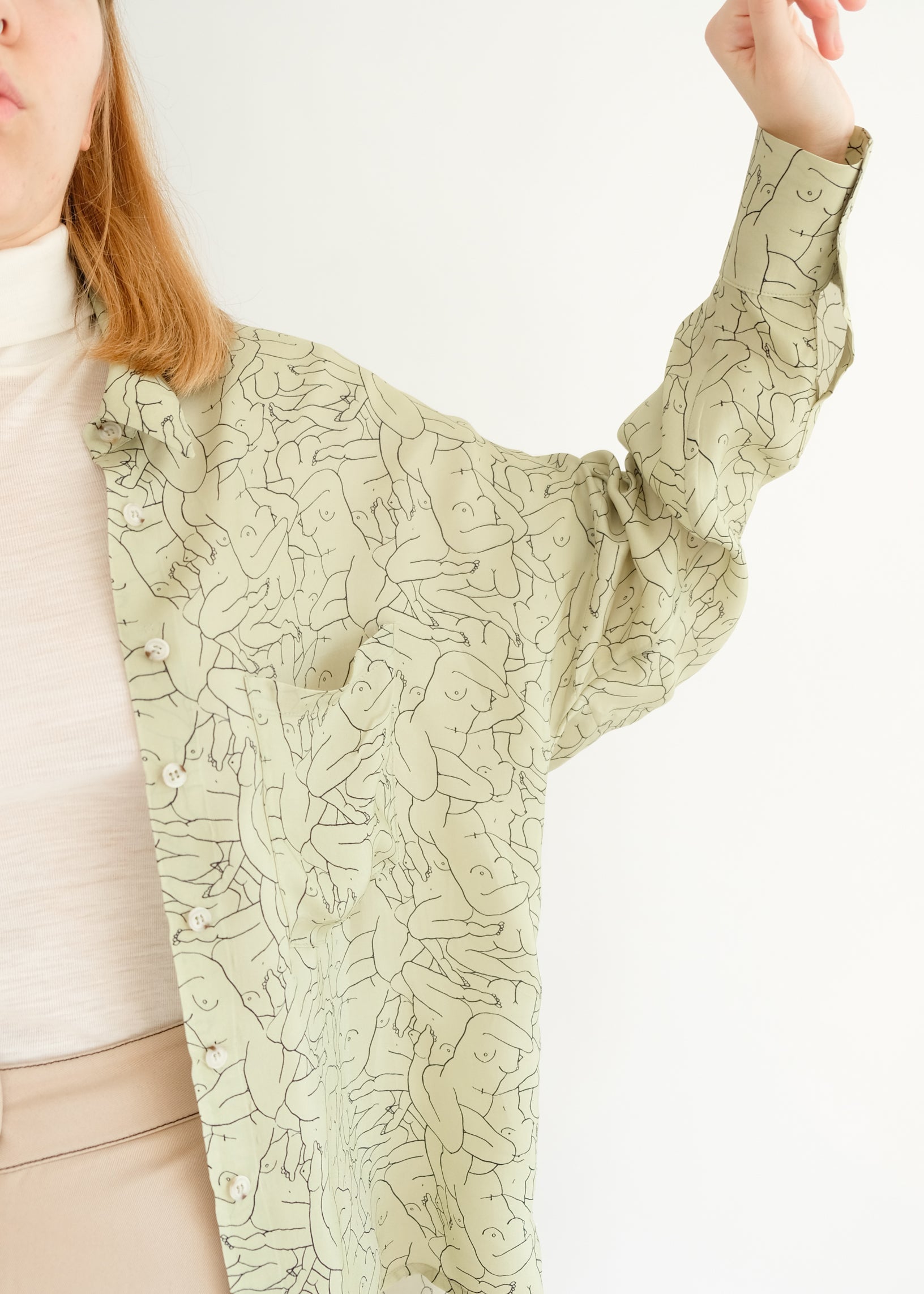 Oh Seven Days-Monday Marwa Sage: Illustrated Vegan Silk Boxy Blouse-Tops-4-Milagron.com