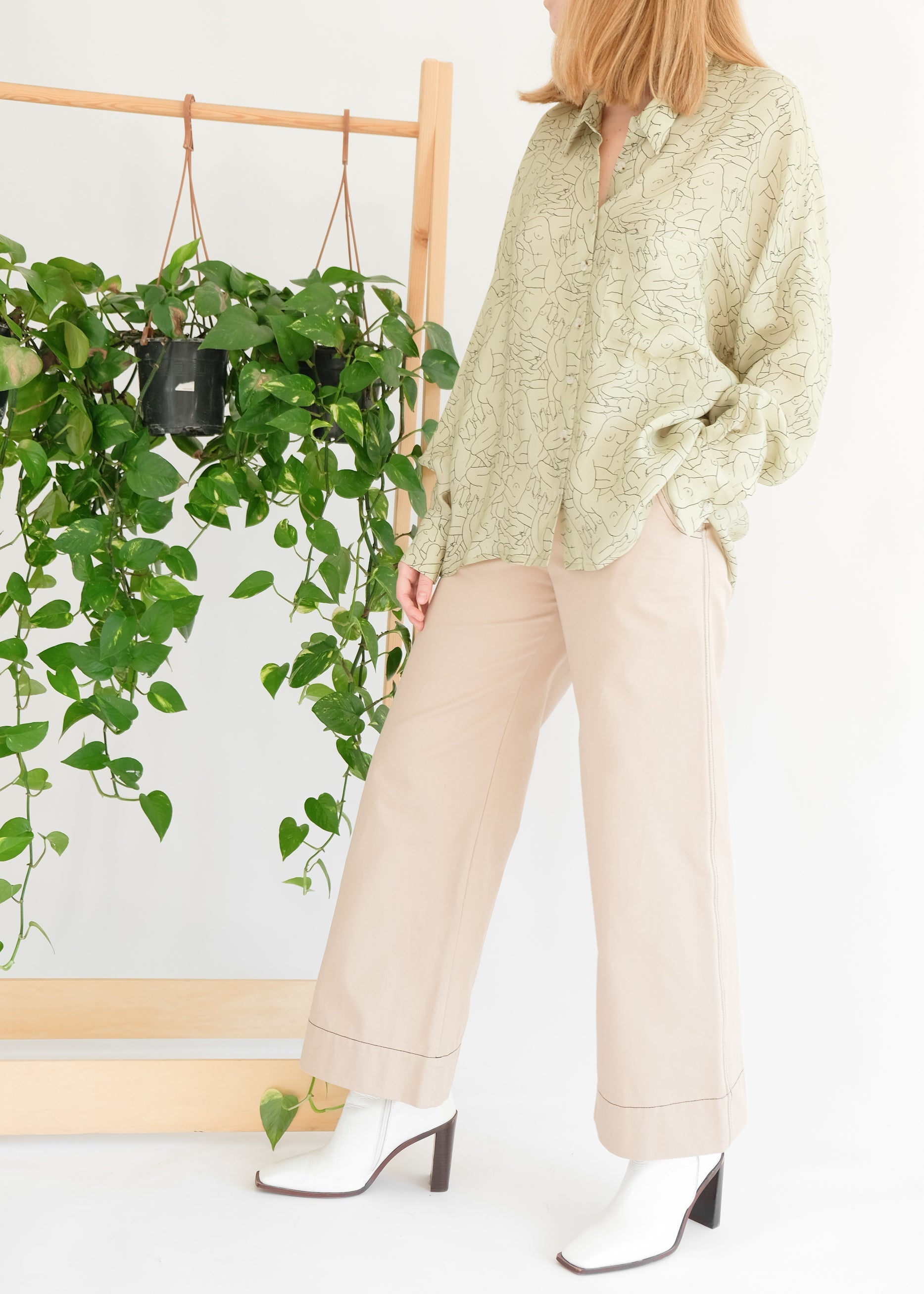 Oh Seven Days-Monday Marwa Sage: Illustrated Vegan Silk Boxy Blouse-Tops-6-Milagron.com