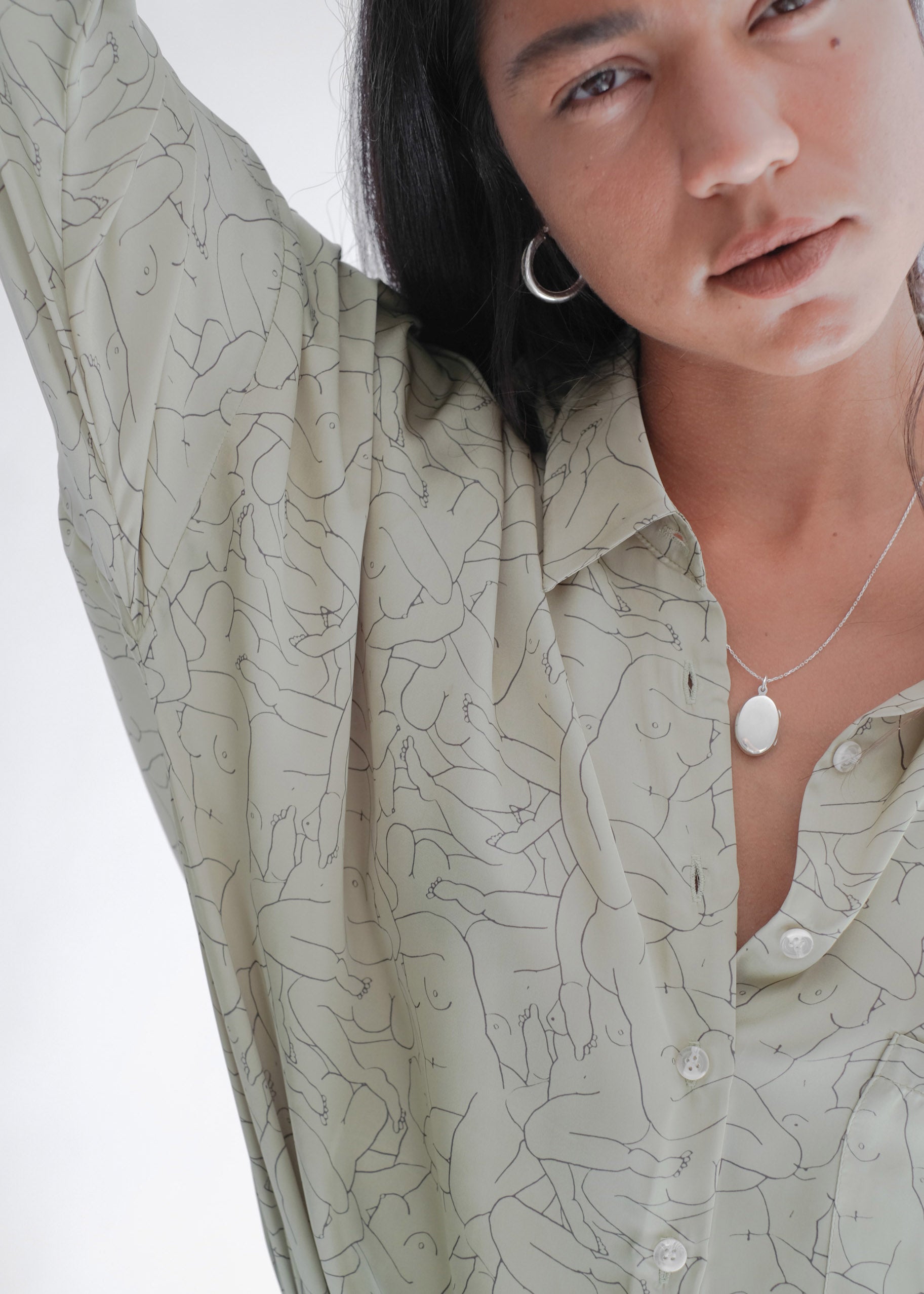 Oh Seven Days-Monday Marwa Sage: Illustrated Vegan Silk Boxy Blouse-Tops-7-Milagron.com