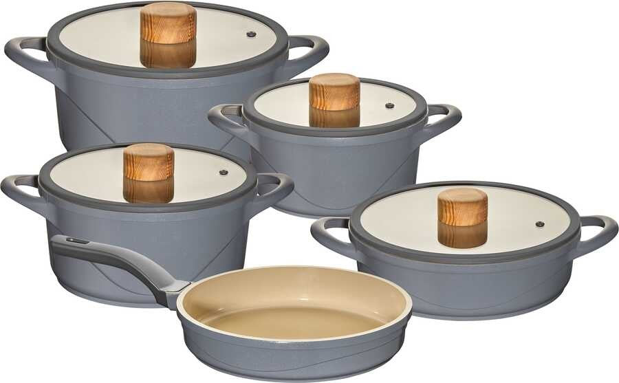 Oms Oyster Biogranit Seramik 7 Parça Tencere Seti Antrasit Gövde Ahşap Detay 12050