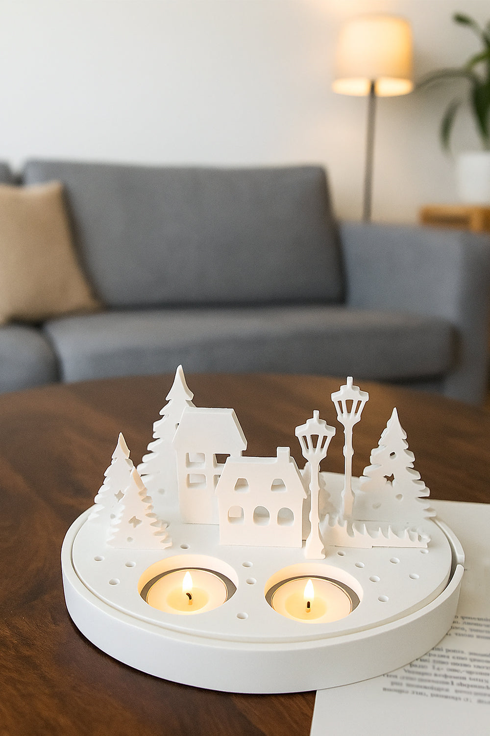 Yılbaşı Temalı Tealight Mumluk - Ev & Ağaç Figürlü Dekoratif Ürün, Beyaz Düşler Köyü, Yılbaşı Hediye - 2