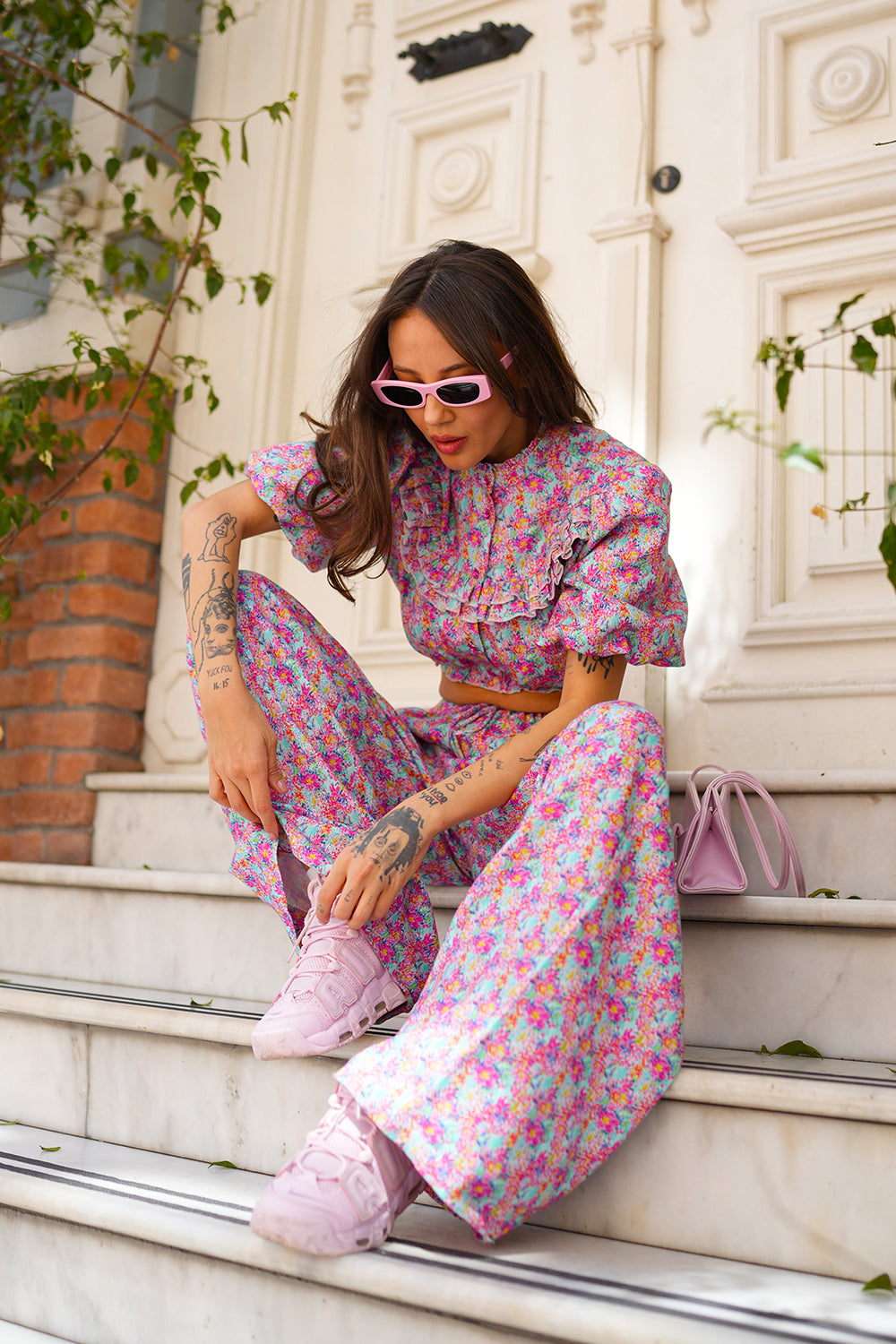 Çiçekli Organik Keten Crop Gömlek - 3