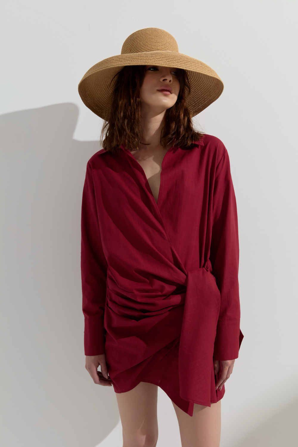 Pelia-Marley Burgundy Bordo Pamuk Keten Gömlek Elbise-Gömlek-2-Milagron.com