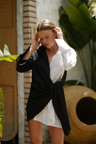 Pelia-Ninda Siyah Beyaz Bağlamalı Keten Gömlek Elbise-Elbise-2-Milagron.com