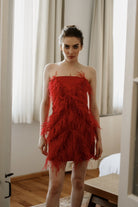 Pelia-Rebecca Kuştüylü Taş İşlemeli Kırmızı Mini Elbise-Elbise-1-Milagron.com