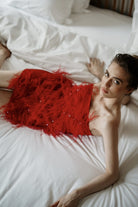 Pelia-Rebecca Kuştüylü Taş İşlemeli Kırmızı Mini Elbise-Elbise-3-Milagron.com