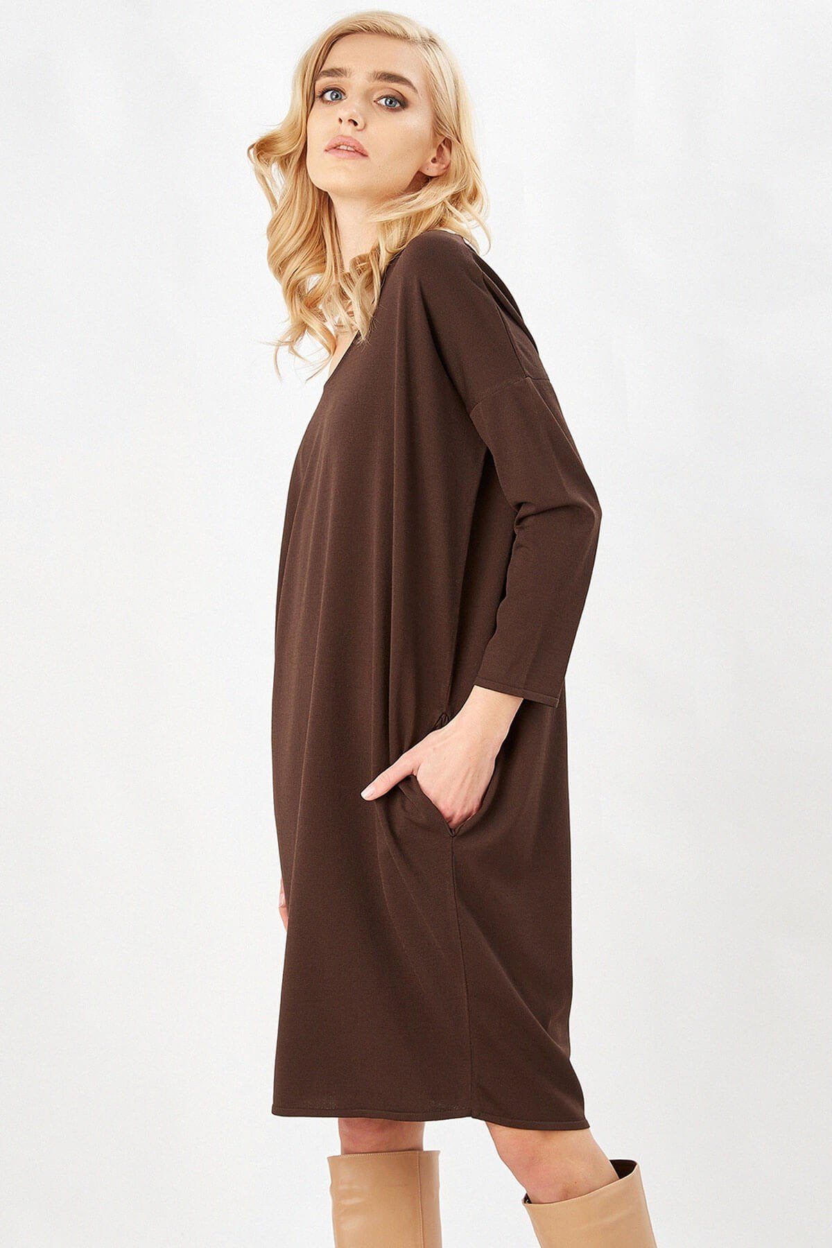 Peraluna-3/4 Kol Balon Kadın Elbise Kahve-Elbise-3-Milagron.com