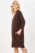 Peraluna-3/4 Kol Balon Kadın Elbise Kahve-Elbise-3-Milagron.com