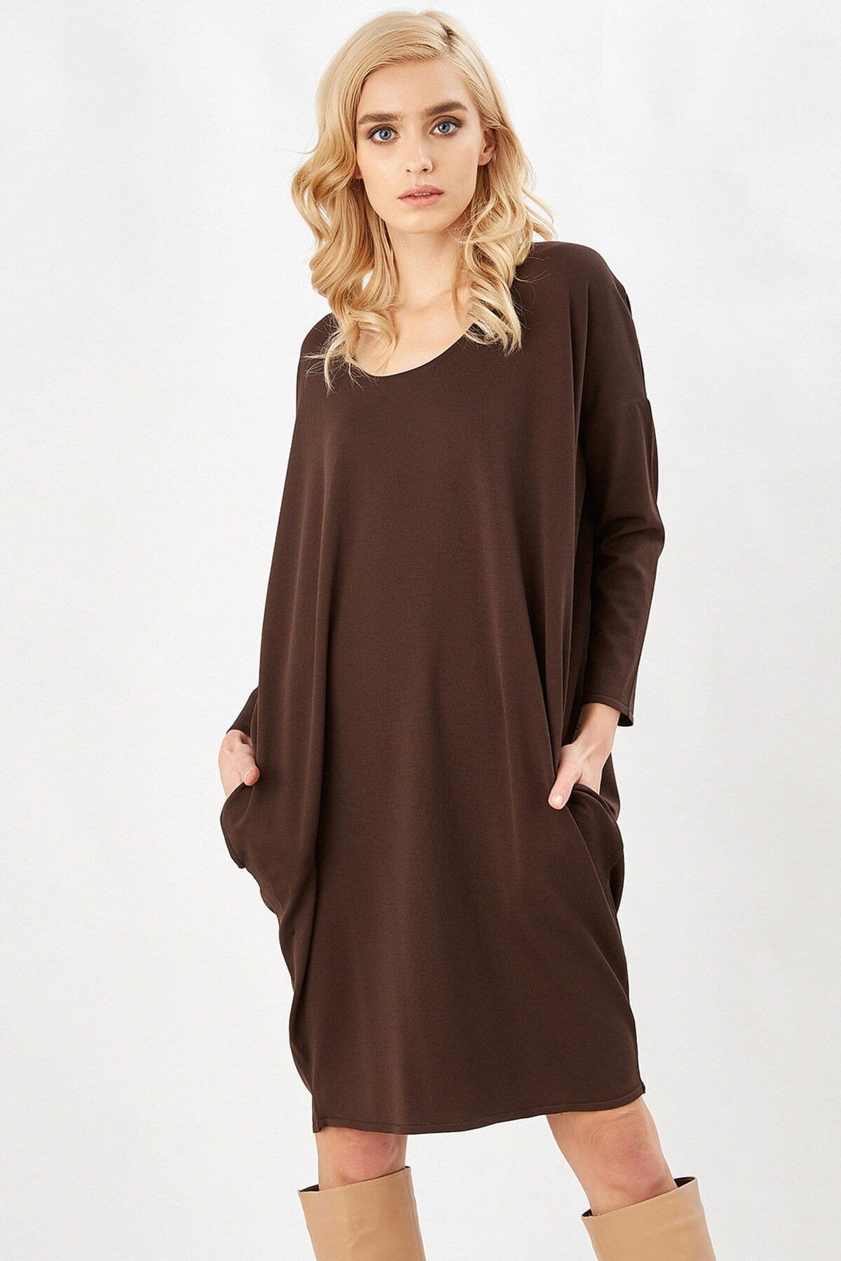 Peraluna-3/4 Kol Balon Kadın Elbise Kahve-Elbise-4-Milagron.com