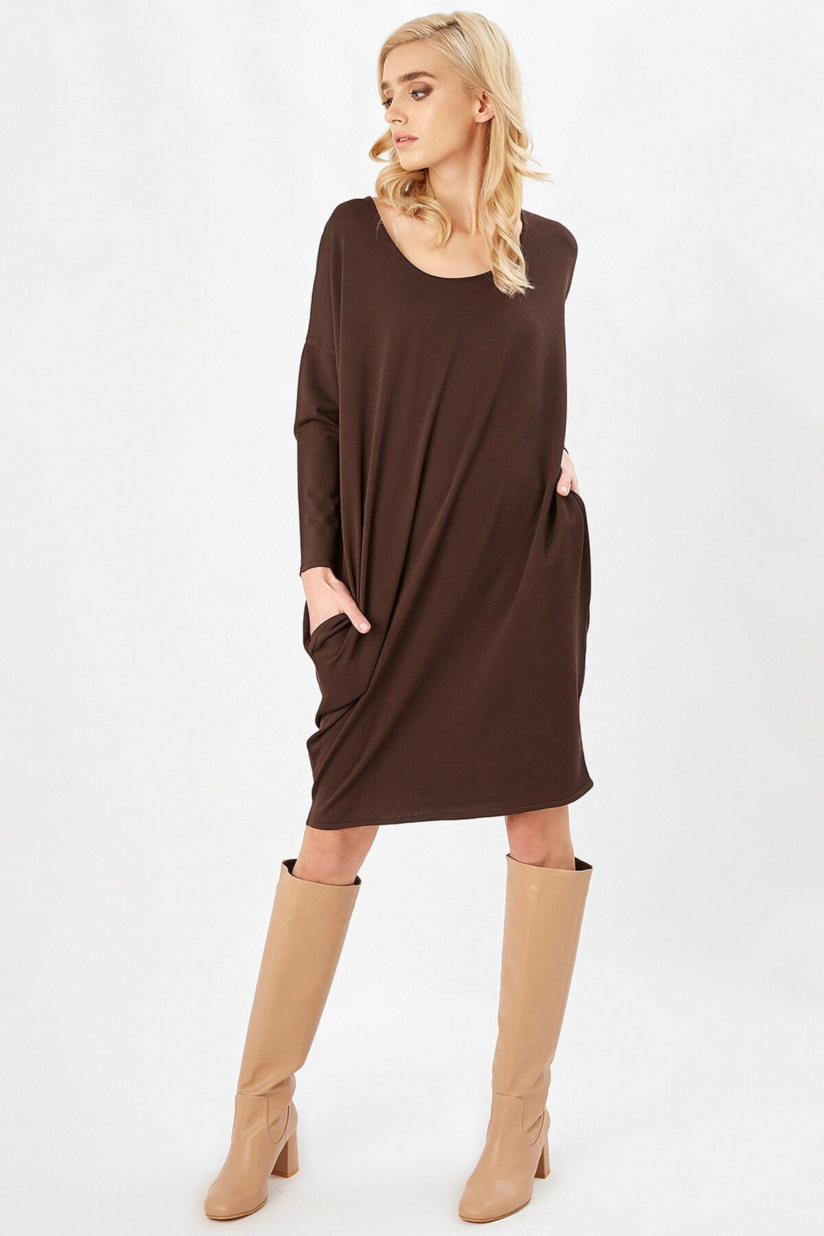 Peraluna-3/4 Kol Balon Kadın Elbise Kahve-Elbise-5-Milagron.com