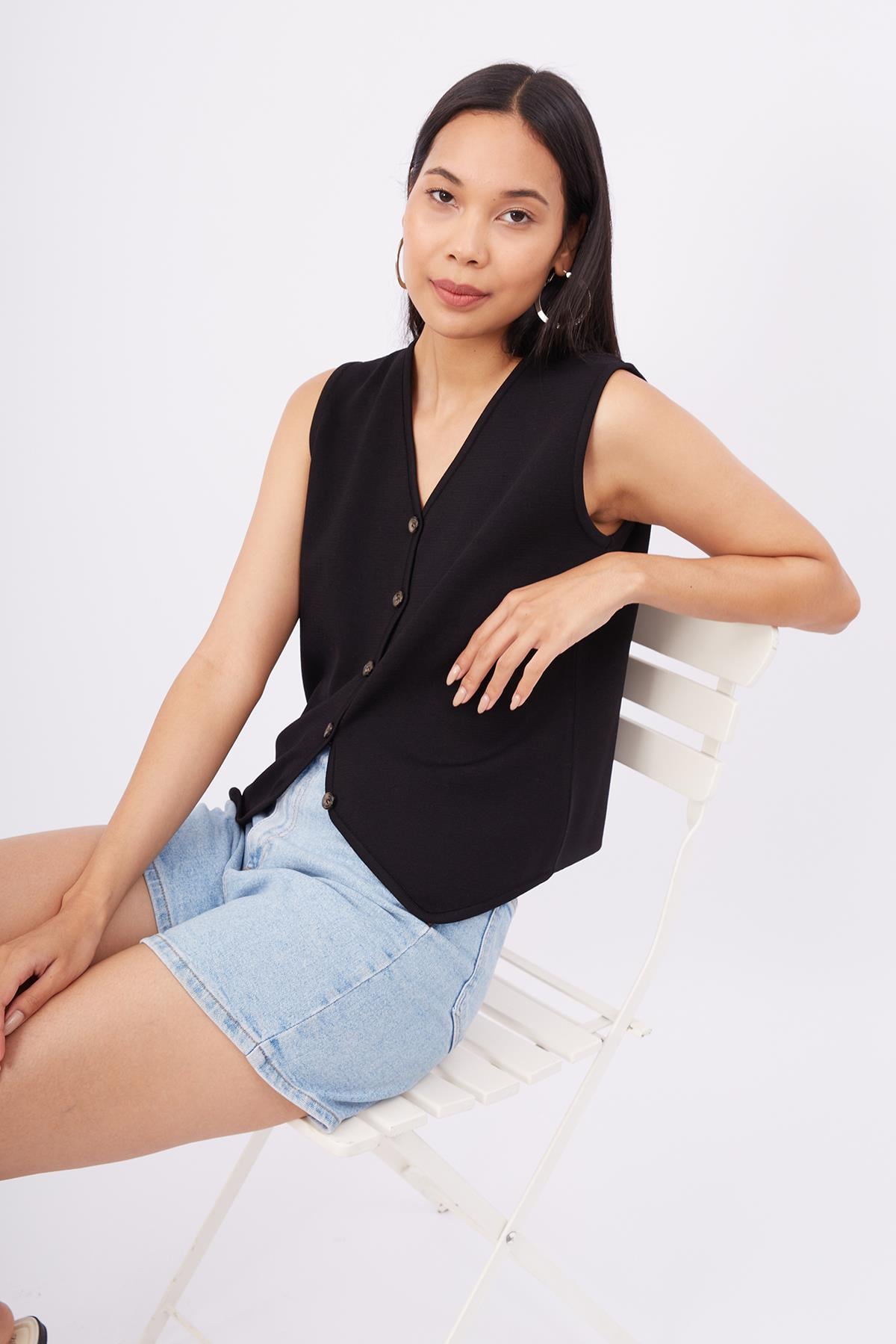 Peraluna Aida Waistcoat Kadın Triko Yelek - Siyah