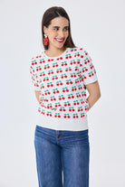 Peraluna-Alice's Cherry Kiraz Desenli Kadın Triko Yazlık Bluz Ekru Multi̇-Bluz-3-Milagron.com