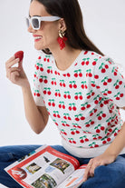 Peraluna-Alice's Cherry Kiraz Desenli Kadın Triko Yazlık Bluz Ekru Multi̇-Bluz-6-Milagron.com