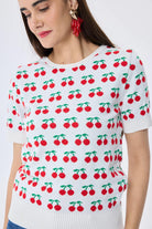 Peraluna-Alice's Cherry Kiraz Desenli Kadın Triko Yazlık Bluz Ekru Multi̇-Bluz-9-Milagron.com