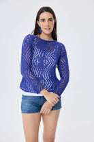 Peraluna-Amy Top Ajur Örgü Kadın Simli Bluz Saks Mavi Simli-Kazak & Triko-1-Milagron.com