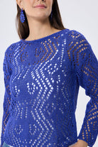 Peraluna-Amy Top Ajur Örgü Kadın Simli Bluz Saks Mavi Simli-Kazak & Triko-5-Milagron.com