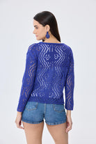 Peraluna-Amy Top Ajur Örgü Kadın Simli Bluz Saks Mavi Simli-Kazak & Triko-7-Milagron.com