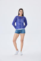 Peraluna-Amy Top Ajur Örgü Kadın Simli Bluz Saks Mavi Simli-Kazak & Triko-9-Milagron.com