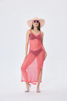 Peraluna-Angel Ajurlu Kadın Uzun Triko Plaj Elbisesi Koral-Elbise-3-Milagron.com