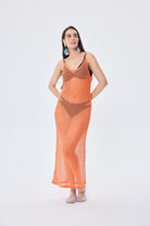Peraluna-Angel Ajurlu Kadın Uzun Triko Plaj Elbisesi Turuncu-Elbise-1-Milagron.com
