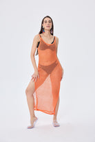 Peraluna-Angel Ajurlu Kadın Uzun Triko Plaj Elbisesi Turuncu-Elbise-2-Milagron.com