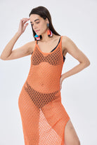 Peraluna-Angel Ajurlu Kadın Uzun Triko Plaj Elbisesi Turuncu-Elbise-4-Milagron.com