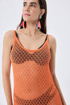 Peraluna-Angel Ajurlu Kadın Uzun Triko Plaj Elbisesi Turuncu-Elbise-7-Milagron.com