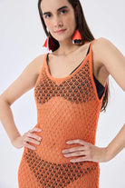 Peraluna-Angel Ajurlu Kadın Uzun Triko Plaj Elbisesi Turuncu-Elbise-8-Milagron.com