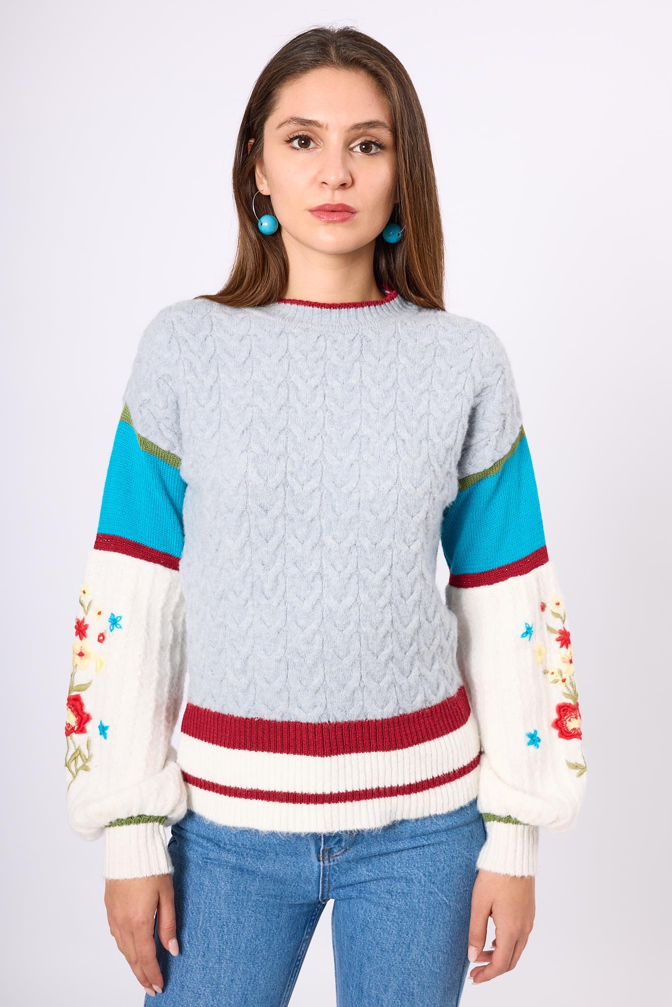 Peraluna-Aurora Rahat Kesim Kadın Triko Kazak Gri/Mavi/Multi-Kazak & Triko-2-Milagron.com