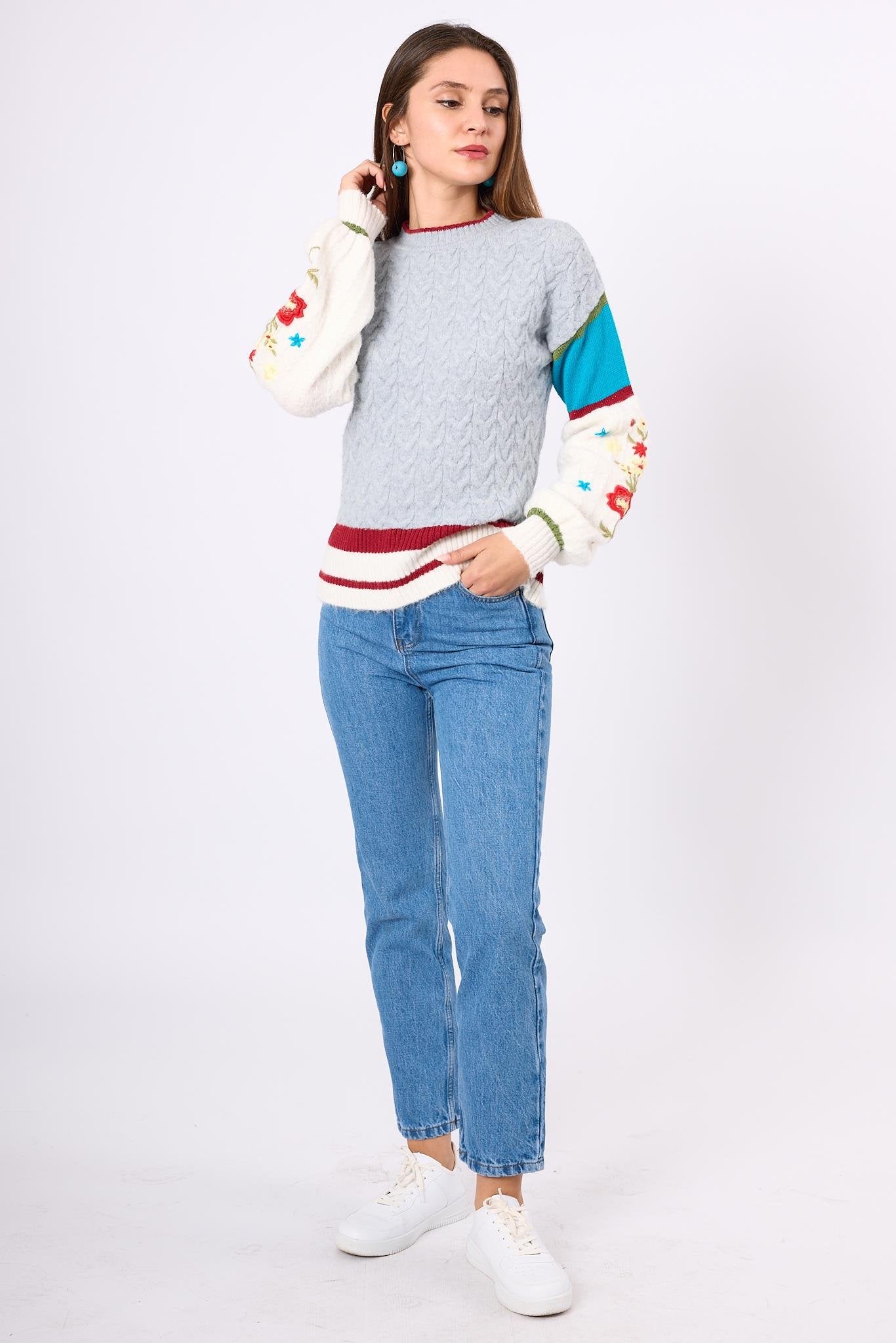 Peraluna-Aurora Rahat Kesim Kadın Triko Kazak Gri/Mavi/Multi-Kazak & Triko-7-Milagron.com