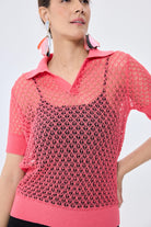 Peraluna-Ava Ajurlu Polo Yaka Kadın Triko Bluz Koral-Bluz-6-Milagron.com