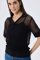 Peraluna-Ava Ajurlu Polo Yaka Kadın Triko Bluz Si̇yah-Bluz-6-Milagron.com