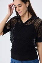 Peraluna-Ava Ajurlu Polo Yaka Kadın Triko Bluz Si̇yah-Bluz-7-Milagron.com