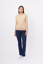 Peraluna-Betty Blouse Balıkçı Yaka Kısa Kollu İnce Basic Kadın Triko Bluz Bej-Bluz-1-Milagron.com