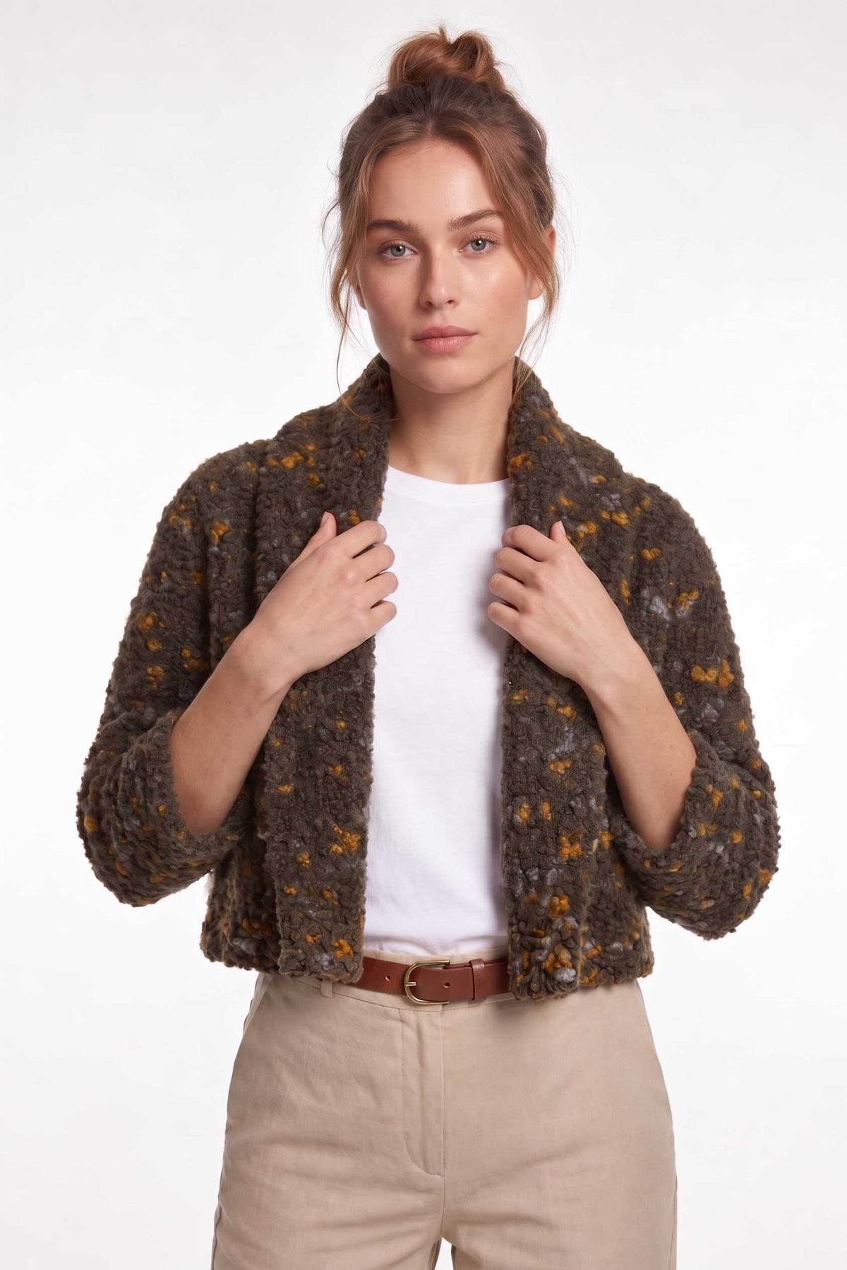 Peraluna Boucle Düz Örgü Kadın Bolero Hırka - Koyu Kahve