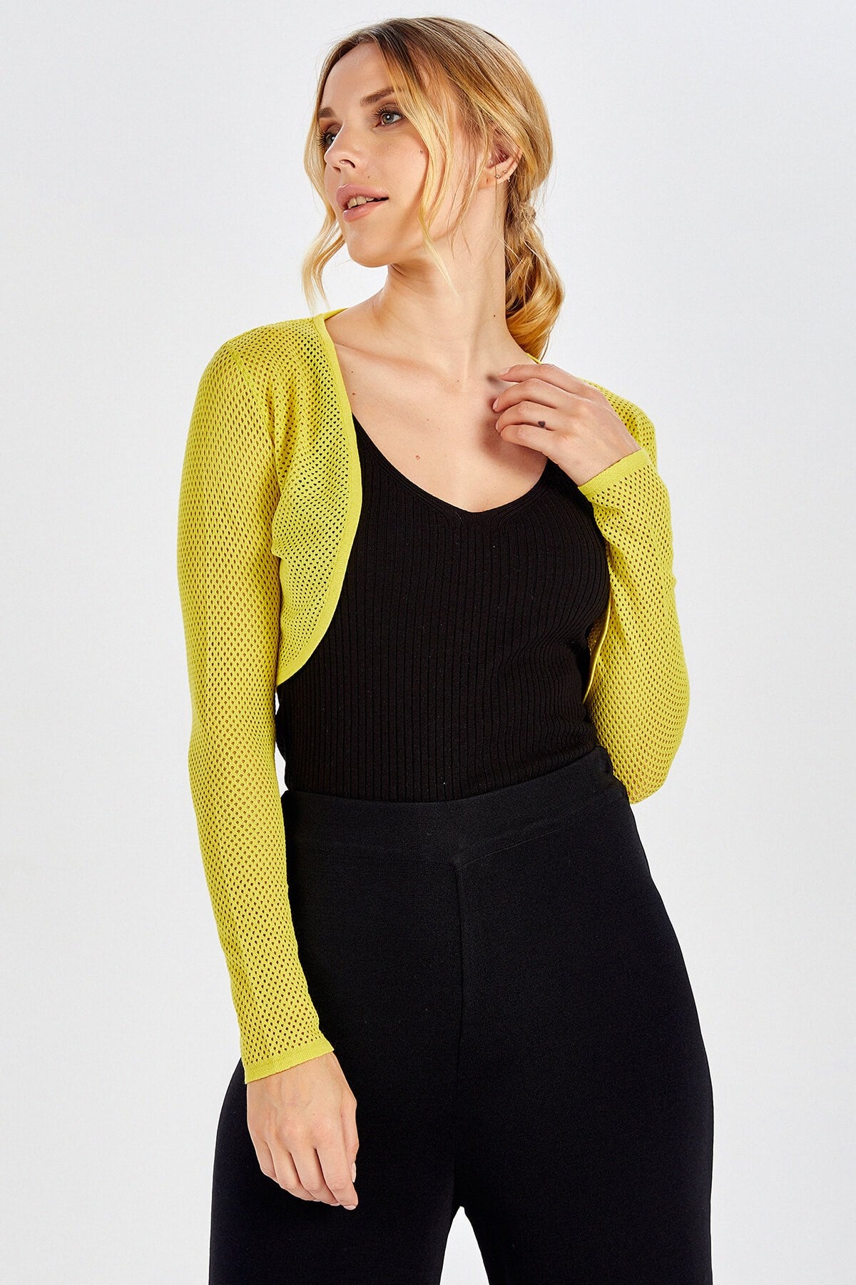 Peraluna Butterfly Bolero File Örgü Uzun Kol Triko Kadın Bolero - Sarı