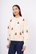 Peraluna Cherry Cardigan Organik Pamuk Kiraz İŞlemeli Kadın Hırka - Krem